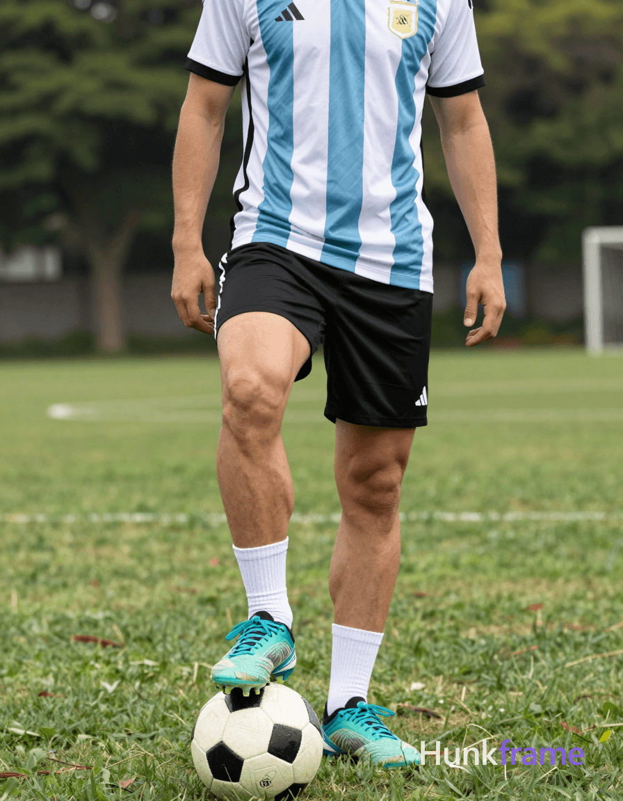 A photorealistic photograph of a shirtless man in an Argentina soccer jersey, black shorts, whit