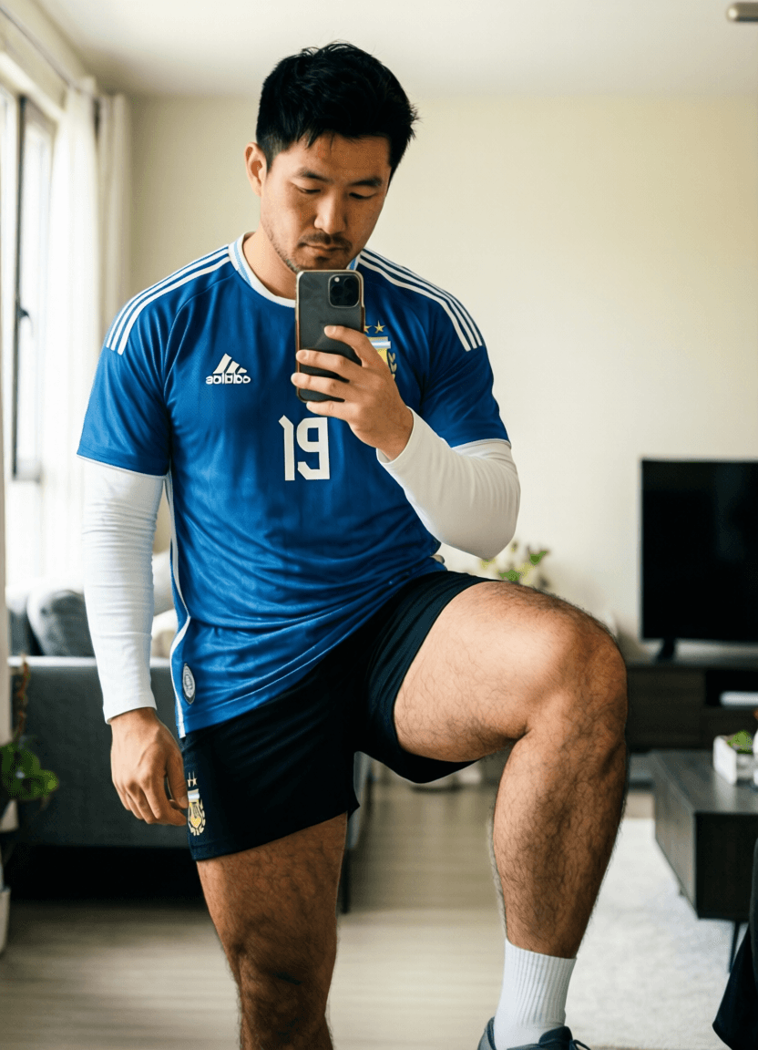 Asian man with light-medium skin and black short styled hair sits on a dark sofa, wearing an Adi