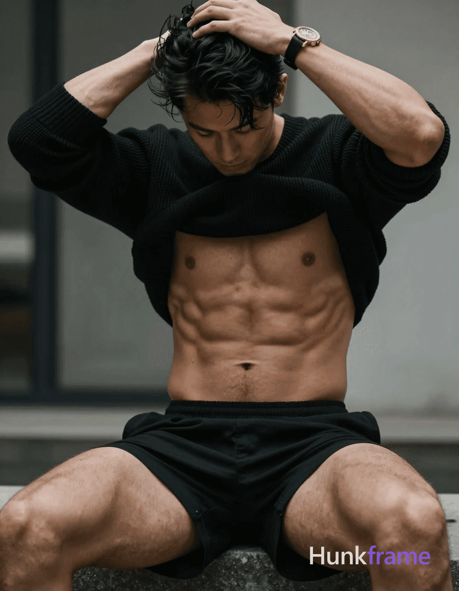 Photoreal photograph of a man with a compact athletic build and defined abs, standing with his h