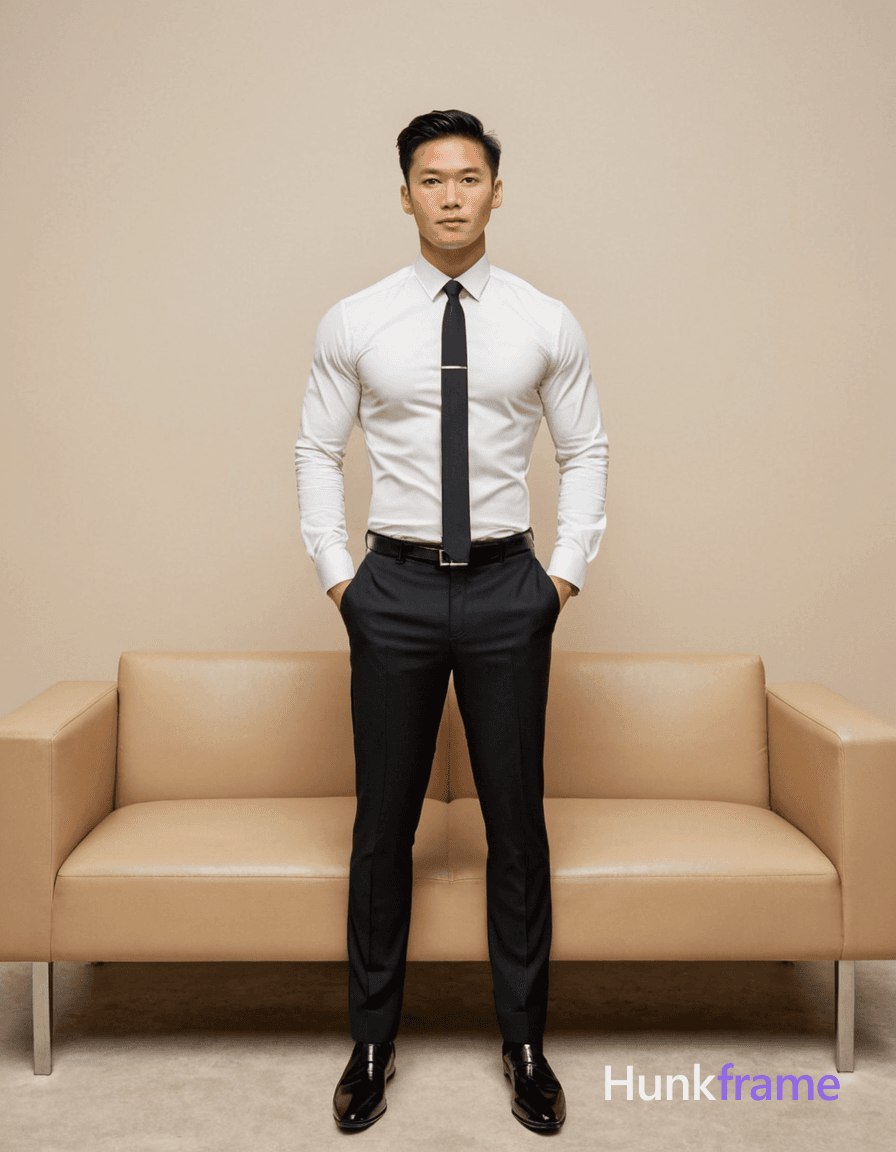 A young Asian man standing confidently in an urban setting, wearing a formal black suit with a crisp