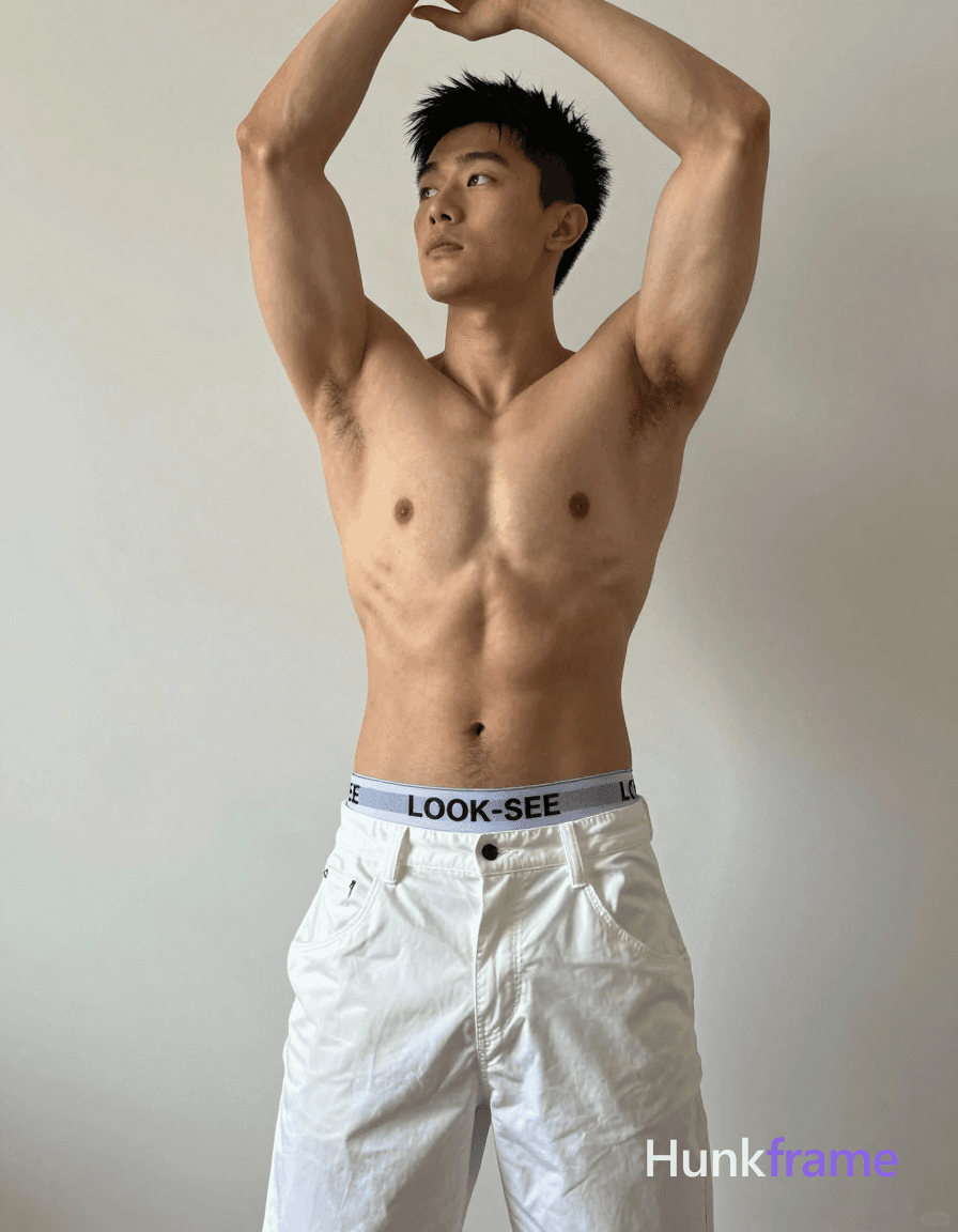 A photorealistic portrait of a shirtless Asian man standing with his arms raised above his head,