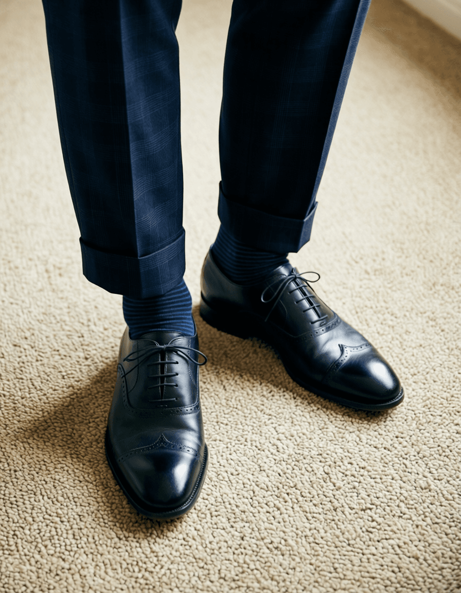 High-angle fashion editorial close-up of a handsome adult man's lower legs and feet standing on textured beige carpet. He wears dark navy trousers with subtle check pattern, cuffed hems revealing dark blue striped socks, and black leather cap-toe brogue dress shoes. Soft indoor ambient lighting casts gentle shadows across the fabric texture and shoe details. Composition is centered vertically, cropped strictly at thighs to exclude head or face, emphasizing premium footwear focus in a minimalist formal mood., a single uninterrupted photograph only, no written words or typography anywhere in frame, no captions, no app UI, no social-media post layout, no screenshot borders
