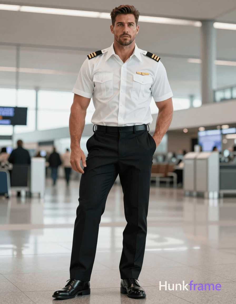 A photorealistic photograph of a handsome masculine man with an authoritative presence. He is standi