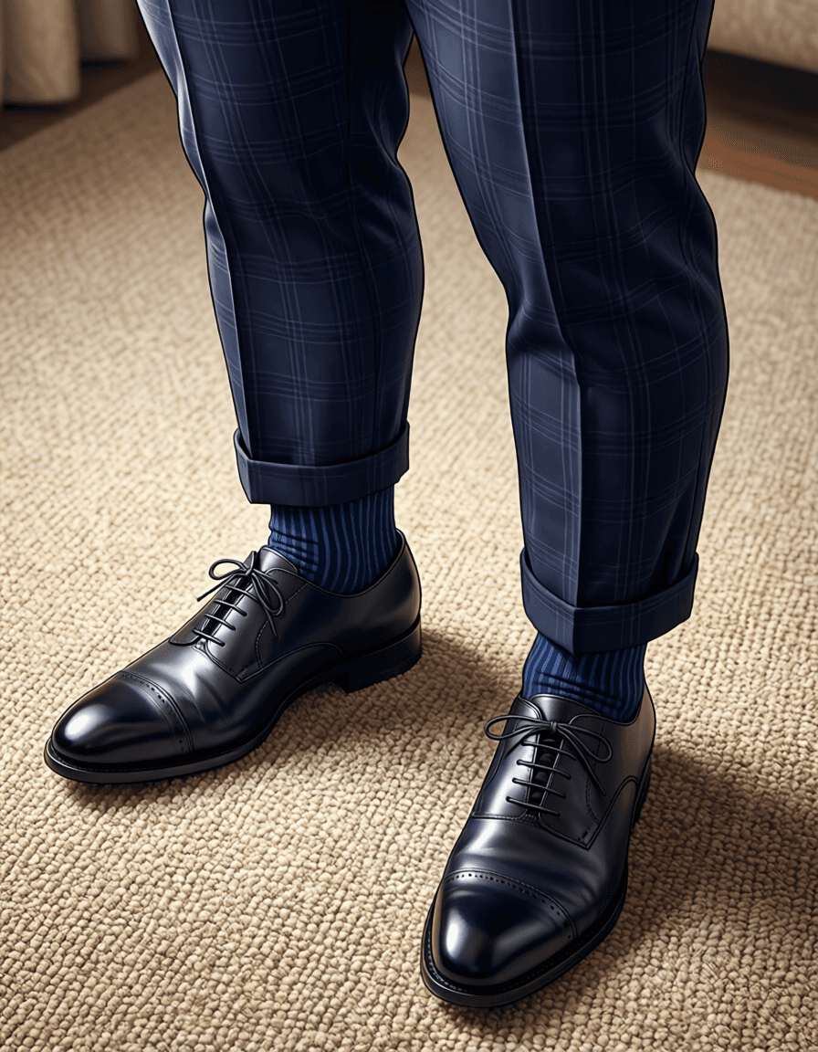 High-angle anime style close-up of a polished adult man's lower legs and feet standing on textured beige carpet. He wears dark navy trousers with subtle check pattern, cuffed hems revealing dark blue striped socks, and black leather cap-toe brogue dress shoes rendered in 2.5D next-gen game art quality. Soft indoor lighting defines athletic anatomy within the cropped composition excluding head., same aesthetic theme and photo feel as the reference but a different man in a different pose with distinct body proportions, Pacific Islander man, sun-kissed skin, stocky powerful legs, short curly hair, a single uninterrupted photograph only, no written words or typography anywhere in frame, no captions, no app UI, no social-media post layout, no screenshot borders