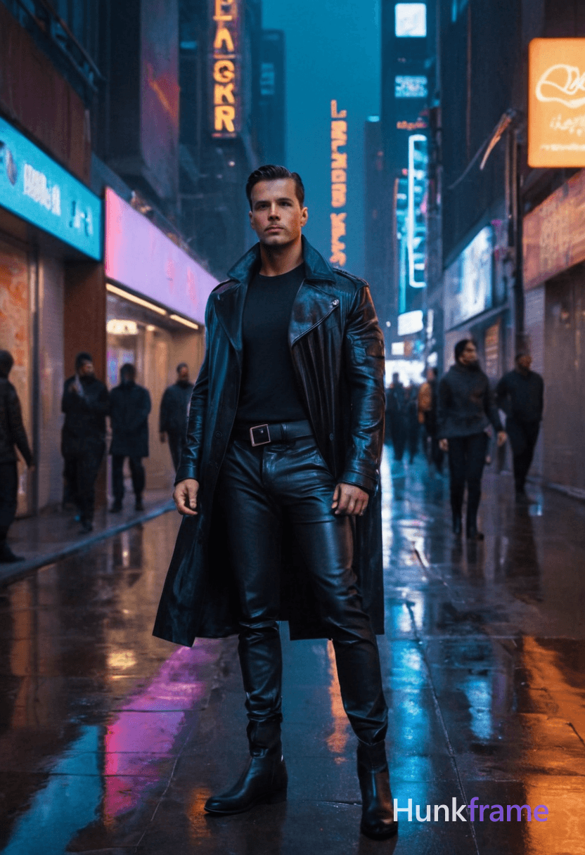 A rugged yet stylish man stands in a futuristic alleyway at dusk, illuminated by neon lights. The ba