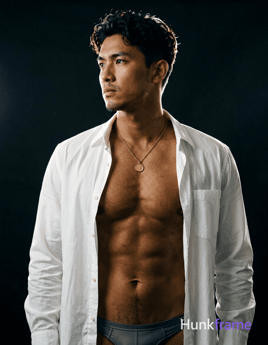 A handsome adult man with medium-dark skin and dark curly short hair stands against a deep black