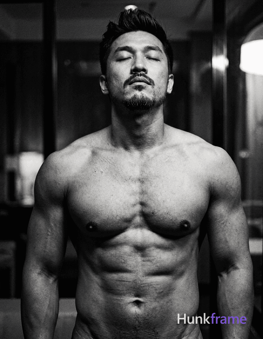 An Asian man with medium-dark skin and a dark, short hairstyle styled upward stands shirtless in