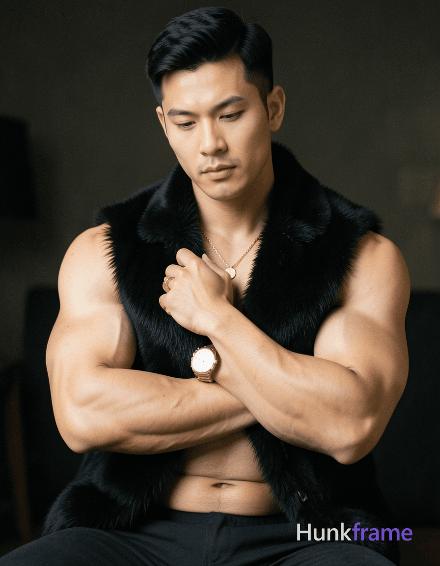 shirtless man with muscular build, arms crossed over chest, hand resting on fur collar, head sli