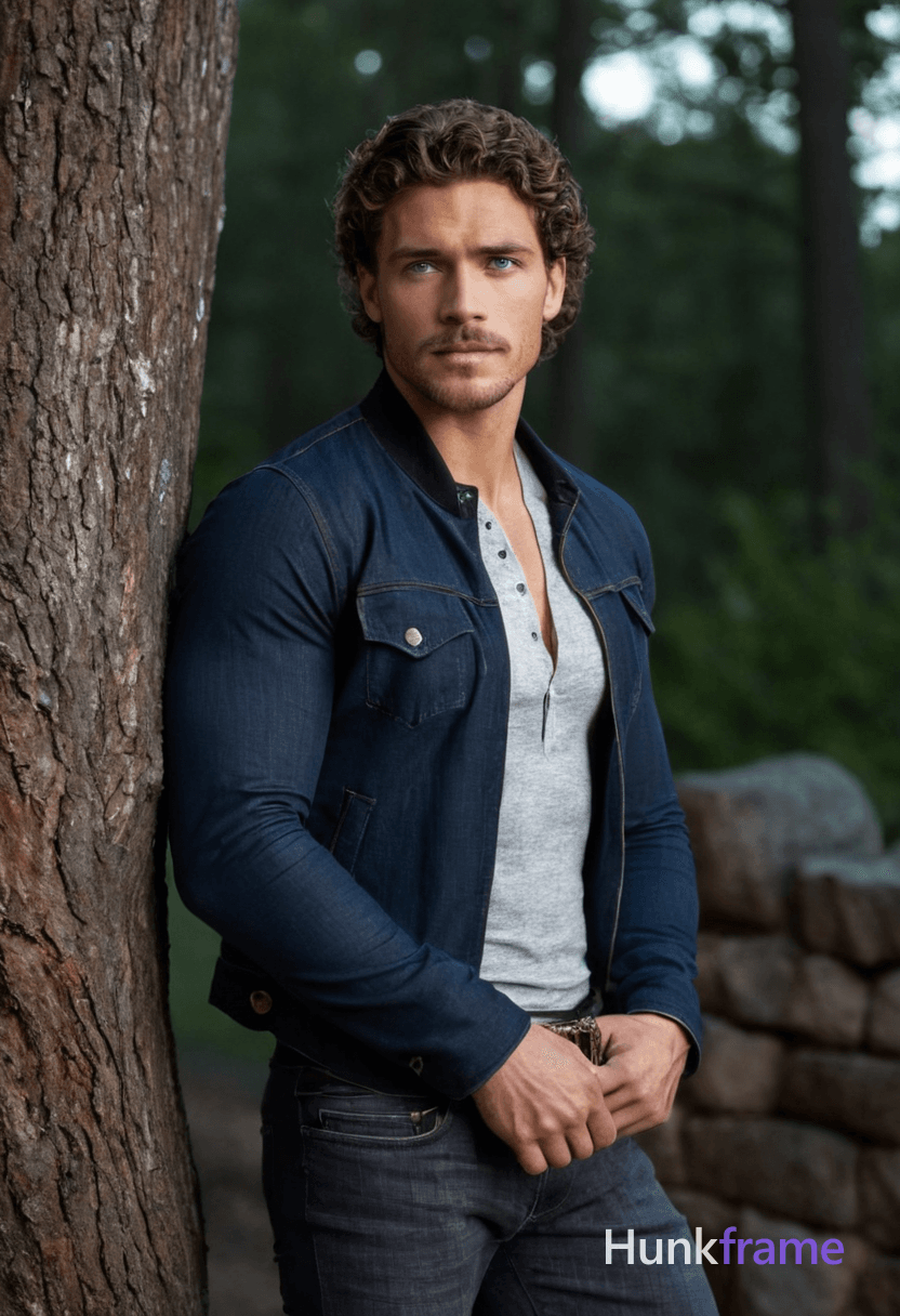 Handsome athletic man with curly brown hair, blue eyes, light skin, short beard and mustache, confid