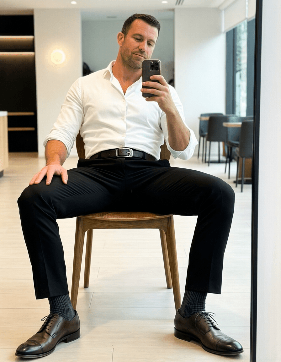 Full-body mirror selfie of an adult man with light-medium skin and short dark hair, seated on a