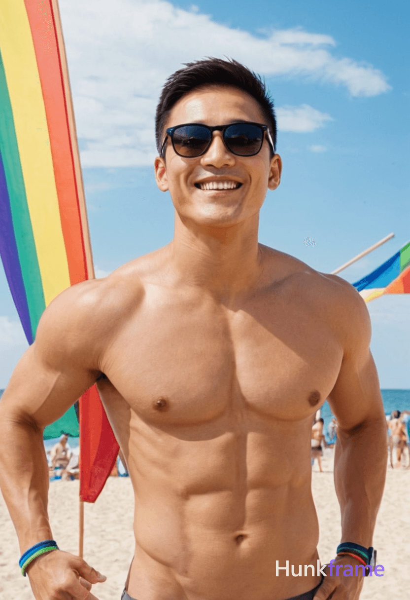 A handsome masculine man standing with head slightly tilted forward and smiling at the camera, shirt