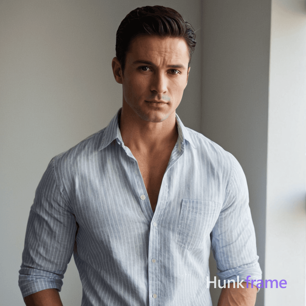In a modern studio with white walls and minimal decor, an an anonymous figure man leans against the