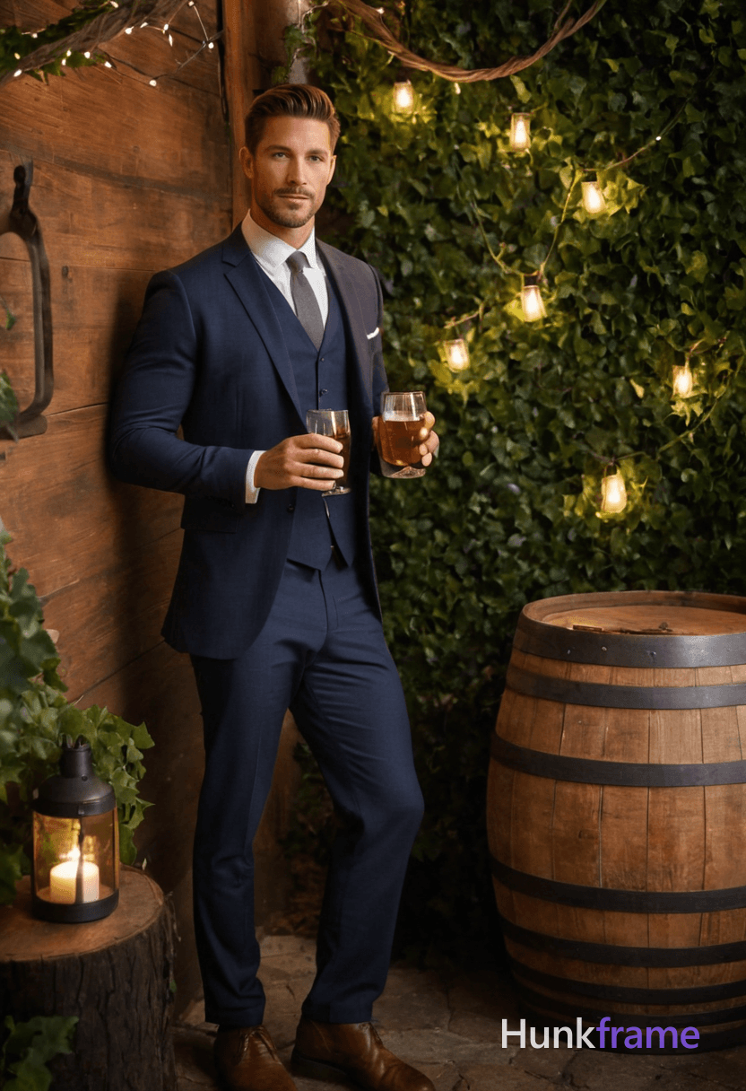 A handsome masculine man standing confidently outdoors with wooden barrels and ivy-covered walls, st