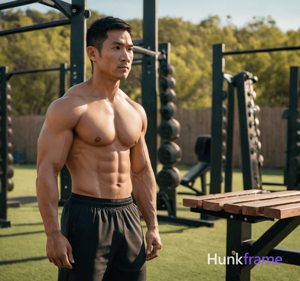 A muscular Asian man stands confidently in a late afternoon outdoor gym area with wooden benches and