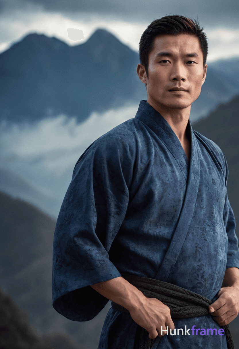 A handsome Asian man standing confidently in traditional Chinese robes against an ink wash backdrop