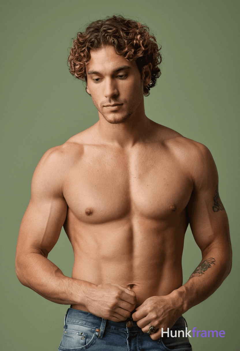 A muscular man with curly hair stands against a plain grayish-green wall during golden hour, shirtle