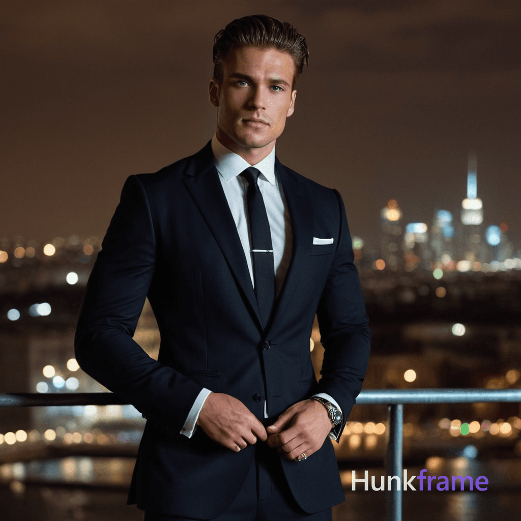 handsome sexy man in a dark suit, sophisticated and charismatic with piercing eyes, dressed in moder