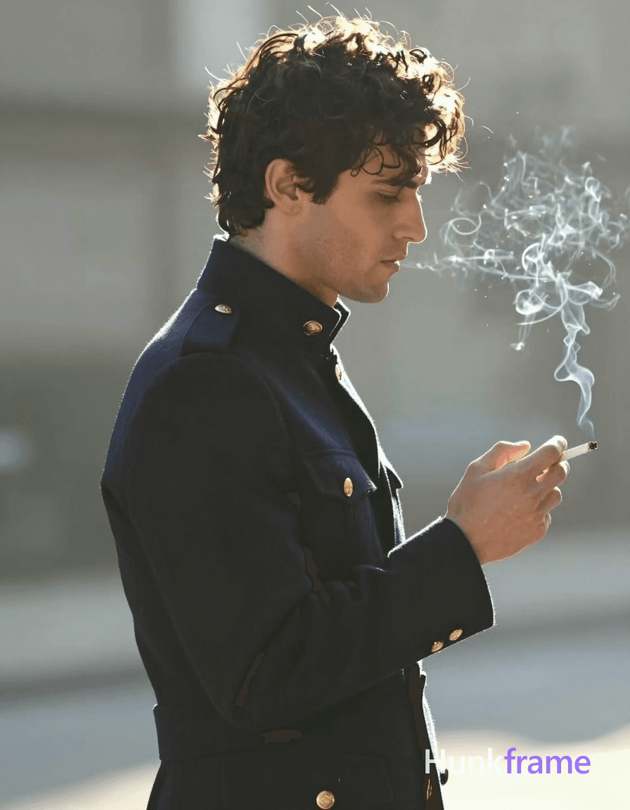 A handsome adult man with dark curly hair stands in right-side profile facing right, left hand raise