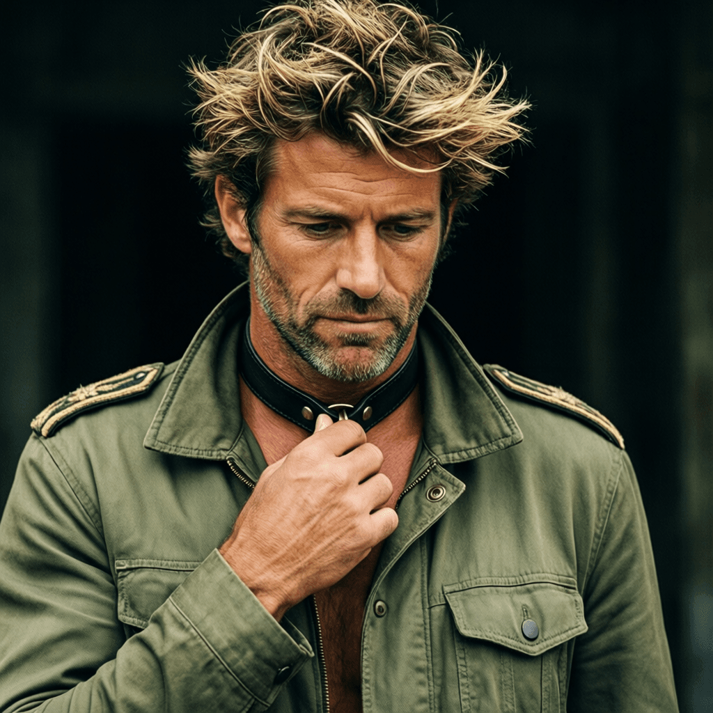 A striking adult man with spiky blond-brown hair and short stubble stands in a full-bleed vertical composition. He wears an olive-green jacket with shoulder epaulets, collar open to reveal his neck where a black leather choker strap rests. His right hand touches the strap while he gazes downward seriously against a dark indistinct background., same aesthetic theme and photo feel as the reference but a different man in a different pose with distinct body proportions, Mediterranean Italian man, olive skin, wavy dark hair, lean surfer body, a single uninterrupted photograph only, no written words or typography anywhere in frame, no captions, no app UI, no social-media post layout, no screenshot borders