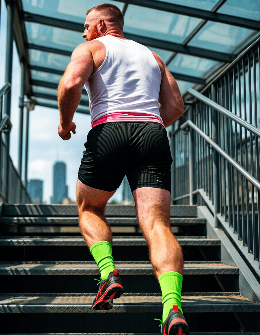 An adult man with short-cropped dark hair runs up metal stairs, viewed from behind and slightly to the left. He wears a white sleeveless tank top showing pinkish underlayer hem, black ribbed compression shorts above knee, neon green socks, and running shoes with red accents. His physique features thick thighs and defined calves in an athletic build rendered as polished 2.5D game art. High-contrast outdoor lighting creates expressive shadows against glass canopy and distant skyline., same aesthetic theme and photo feel as the reference but a different man in a different pose with distinct body proportions, Irish man, pale with red undertone skin, copper stubble, lean rugby build, a single uninterrupted photograph only, no written words or typography anywhere in frame, no captions, no app UI, no social-media post layout, no screenshot borders