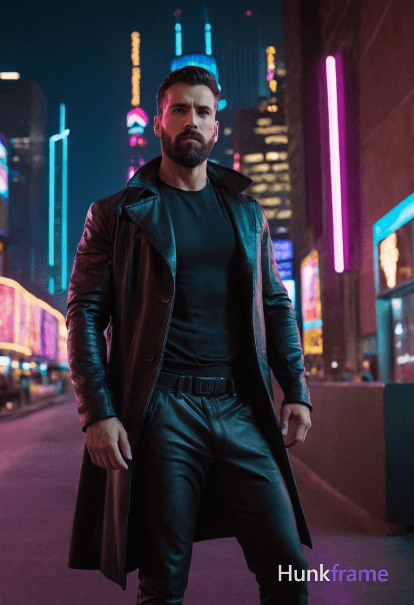 In a neon-lit street, an athletic man with short dark hair and a beard stands in a full-body pose. H