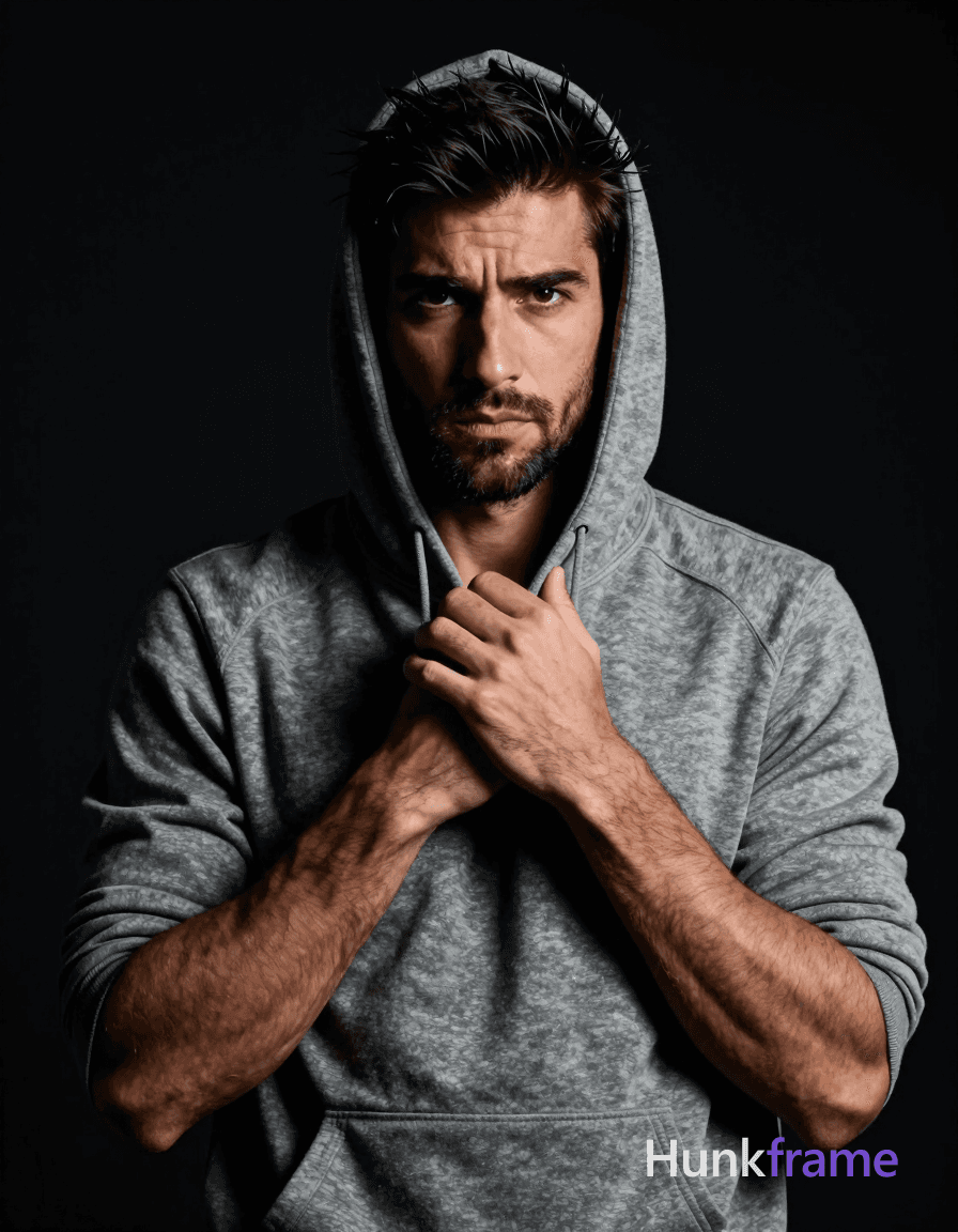 A handsome adult man with medium-dark skin and light stubble stares intensely at the camera, brow fu
