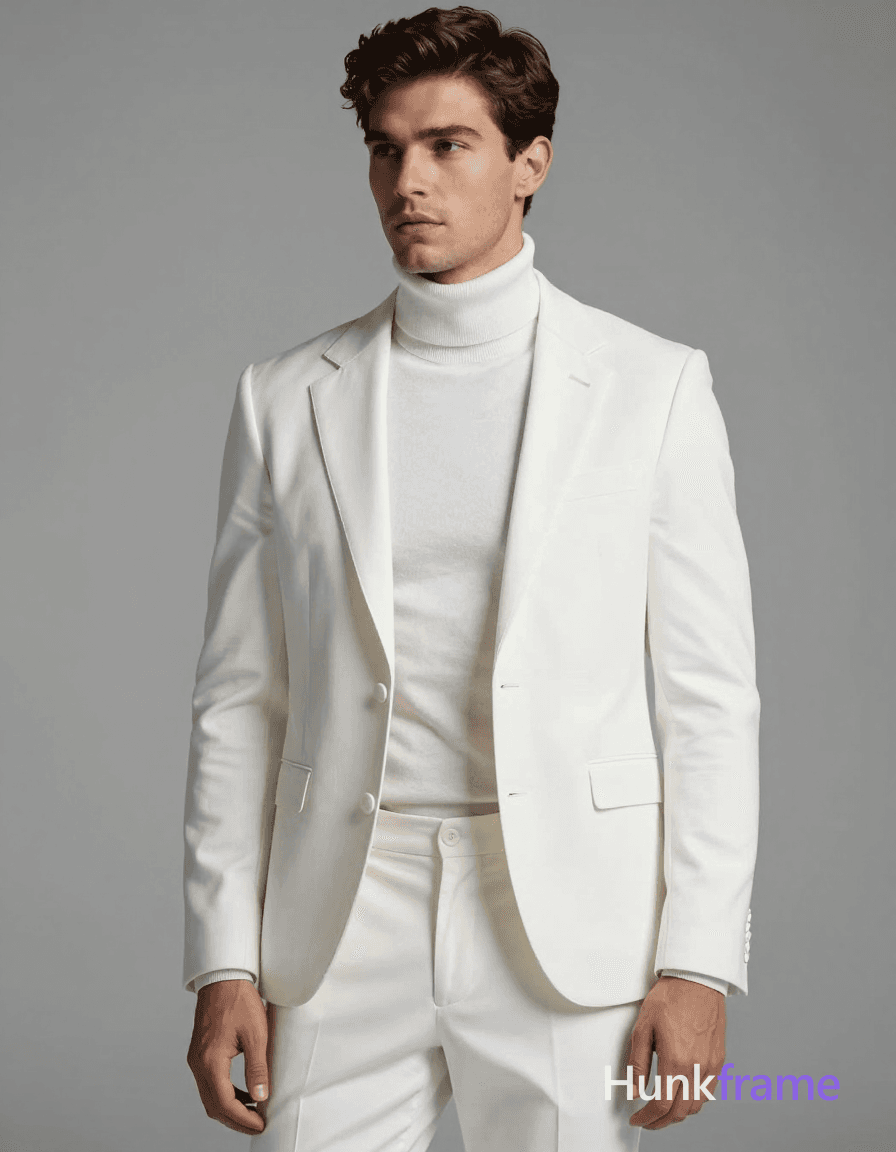 Photorealistic photograph of a handsome an anonymous figure male model standing with his torso sligh