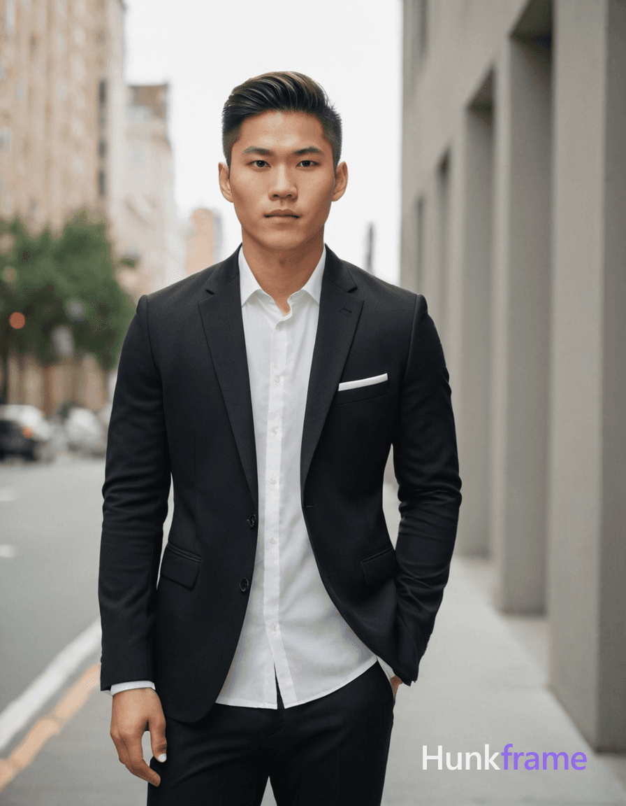 A young Asian man standing confidently in an urban setting, wearing a formal black suit with white s