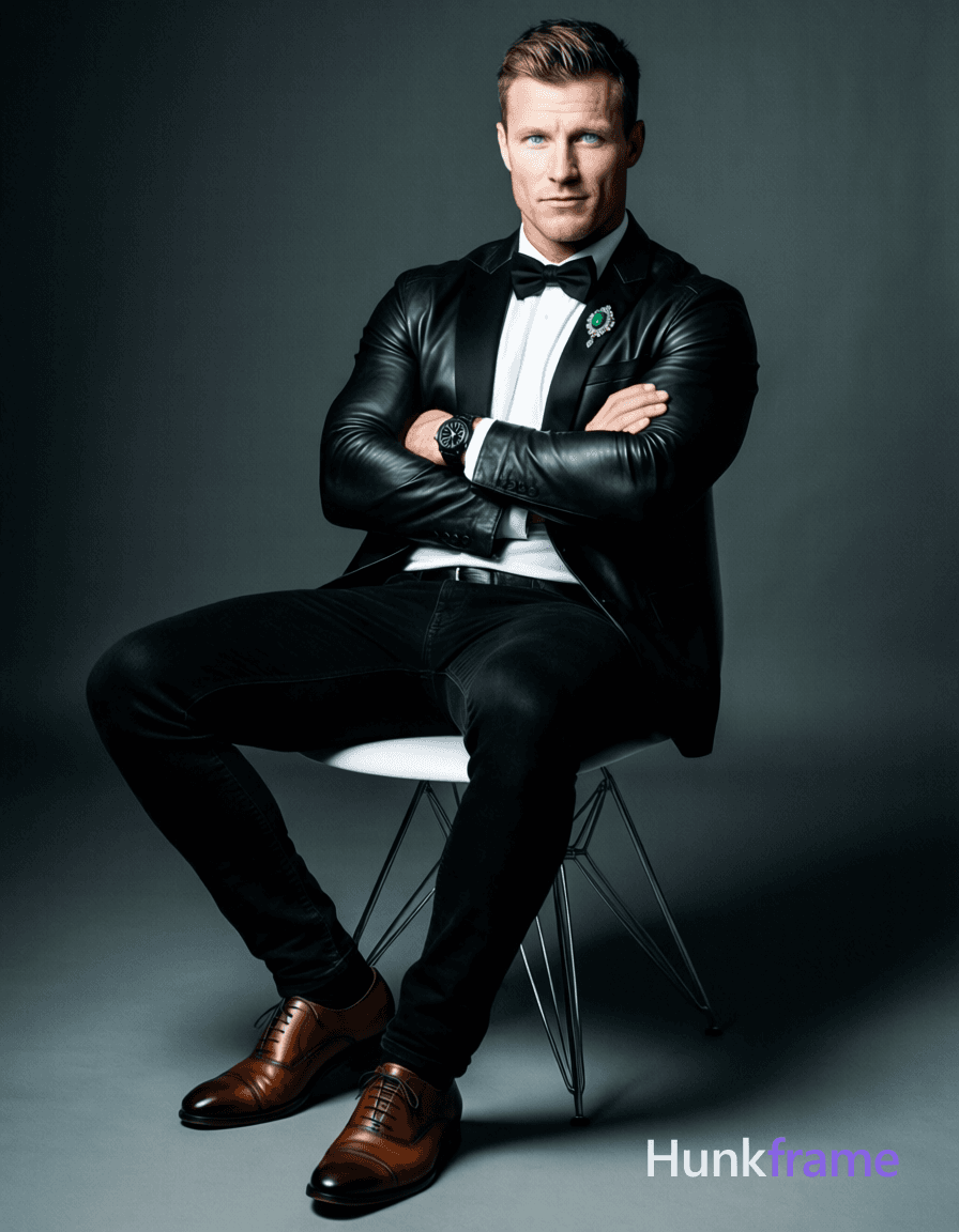 A Scandinavian man with very fair skin and ice blue eyes is seated on a modern chair, leaning sl