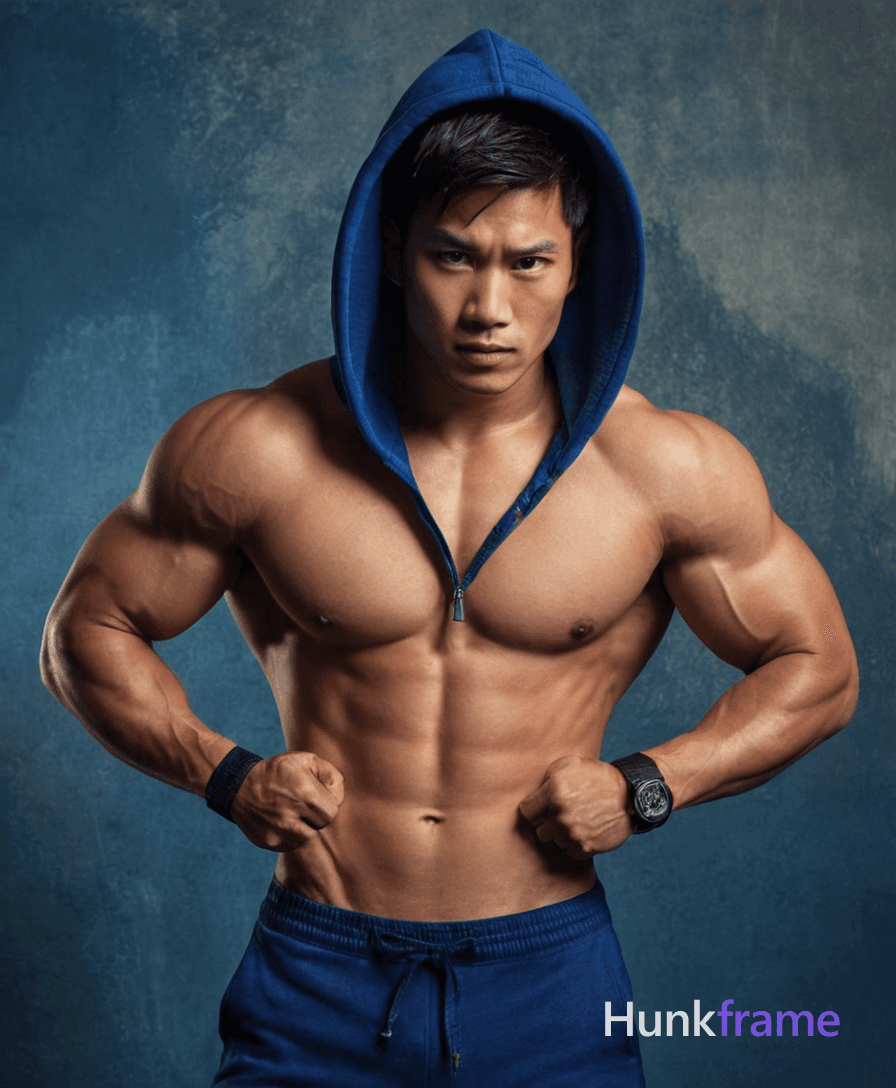 Asian male model standing shirtless against a dramatic textured background, holding up a dark blue h