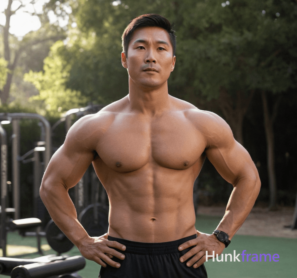 A muscular Asian man stands in an outdoor gym area, illuminated by the late afternoon sun, near weig