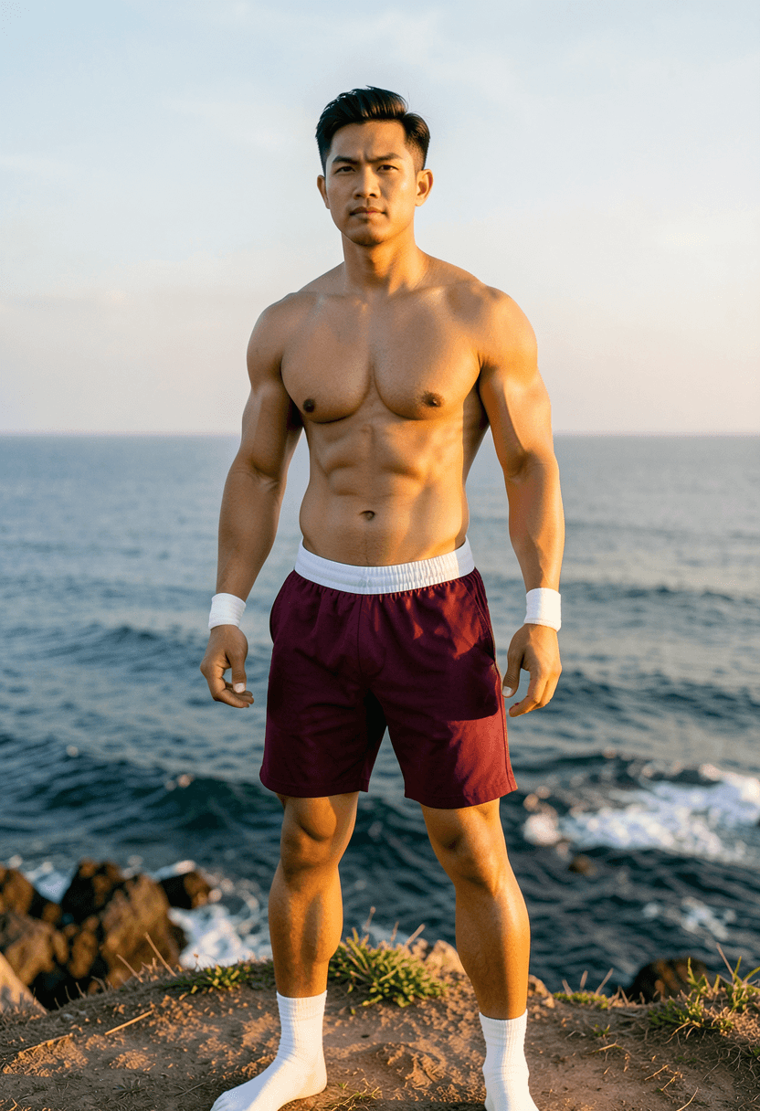 freshly generated candid Xiaohongshu lifestyle photo, brand new full-body composition with a different pose, camera angle and background, both hands relaxed, not a mirror selfie, not a copy of any reference image, shirtless, maroon athletic shorts with white waistband, white wristbands on both wrists, white ankle bandage or sock on left ankle, muscular chest and abs, thick thighs, coastal outdoor golden-hour mood, reference lighting and color treatment: fine-art outdoor photography, dramatic natural lighting, sculpted male physique against expansive coastal seascape, same aesthetic theme and photo feel as the reference but a different man in a different pose with distinct body proportions, Thai man, smooth tan skin, gentle eyes, slim toned Muay Thai physique, a single uninterrupted photograph only, no written words or typography anywhere in frame, no captions, no app UI, no social-media post layout, no screenshot borders
