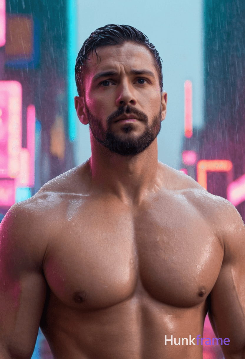 A muscular man with short dark hair, a beard, and serious expression stands confidently in the neon-