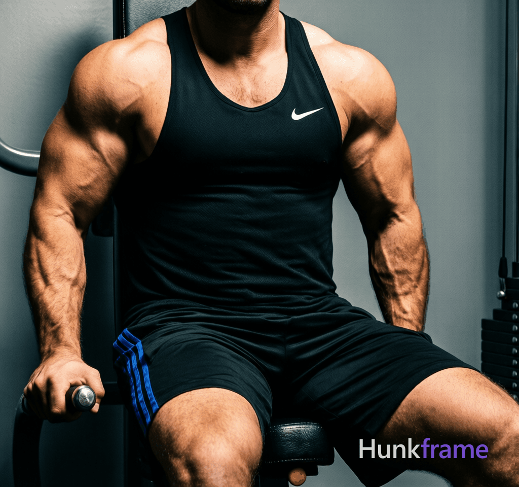 A handsome masculine man seated on gym equipment, mid-torso to upper thighs centered. He wears a