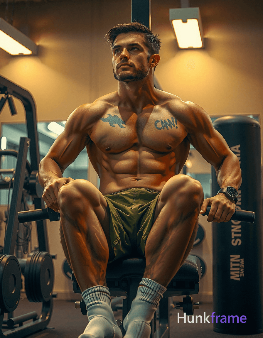 Photoreal photograph of a handsome masculine man, shirtless and seated on a gym machine with his tor