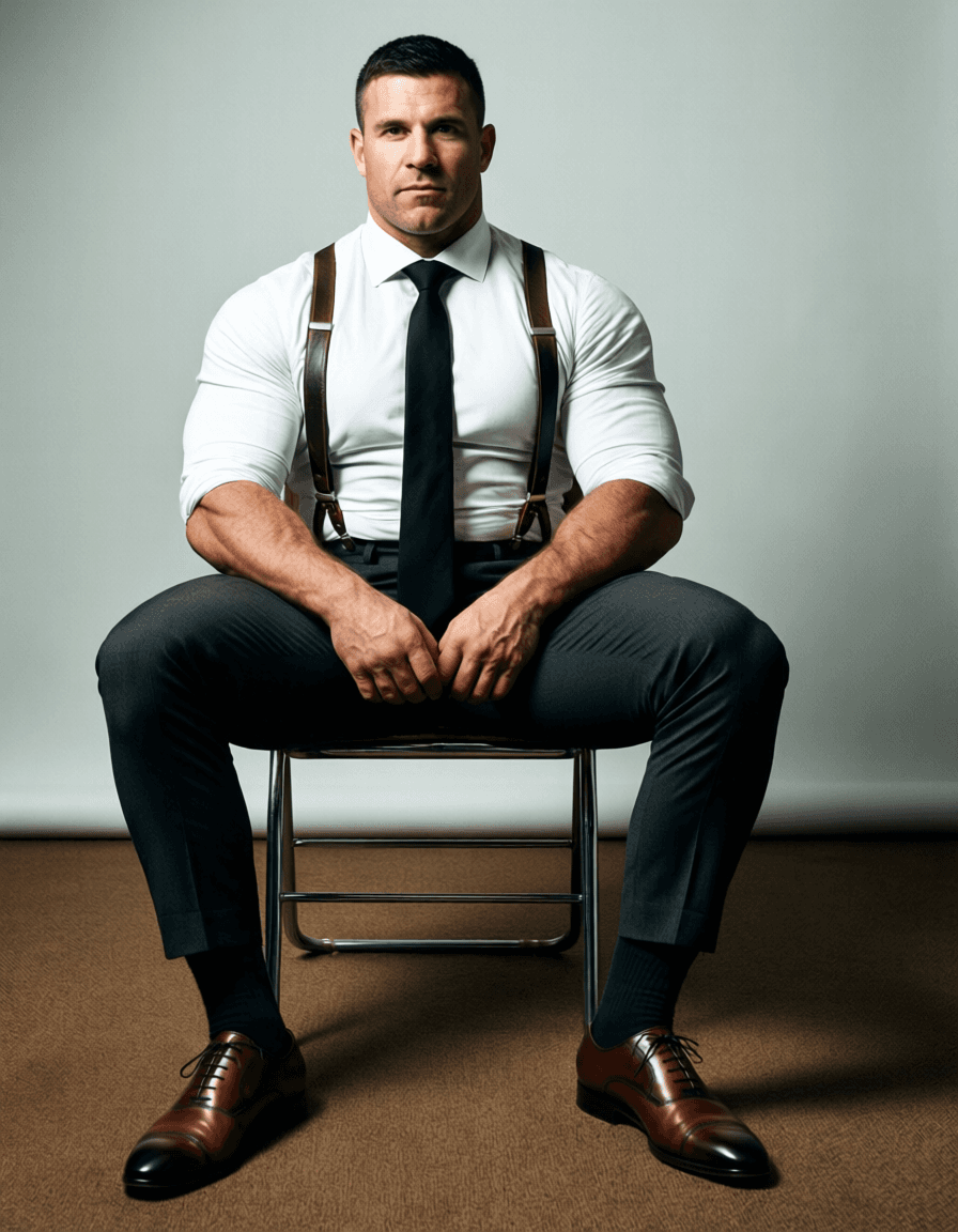 A muscular adult man with light-medium skin and short black hair sits on a metal-framed chair, l