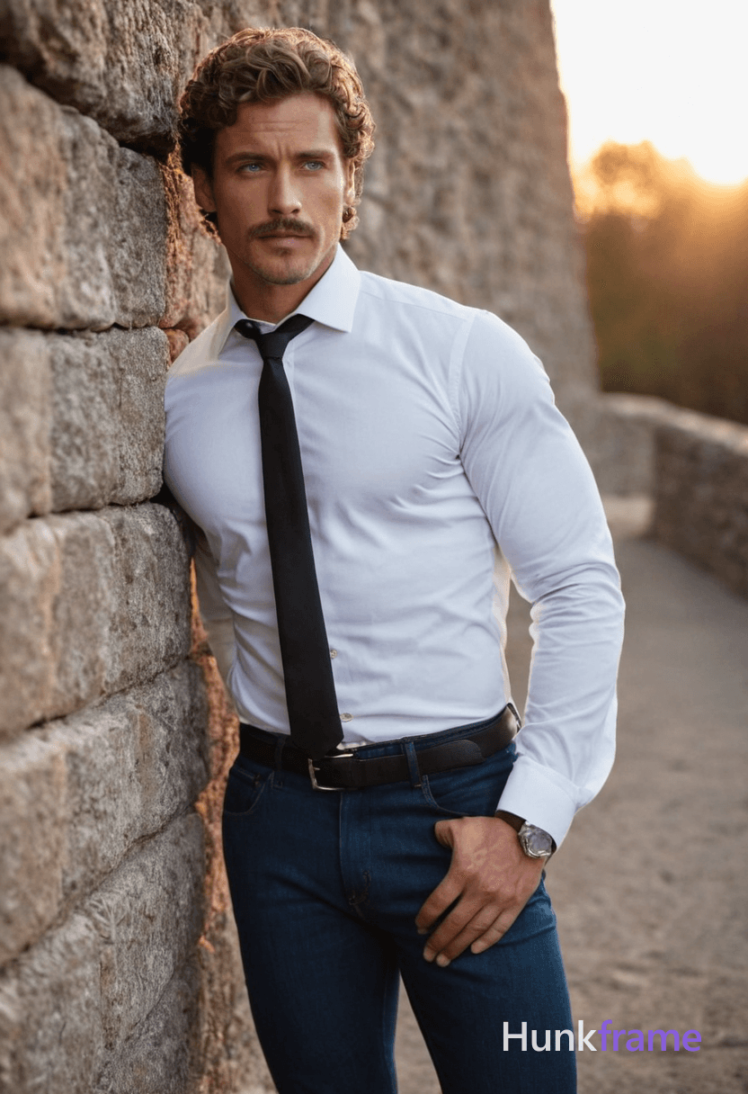 Handsome athletic man with curly brown hair, blue eyes, light skin, short beard and mustache, confid