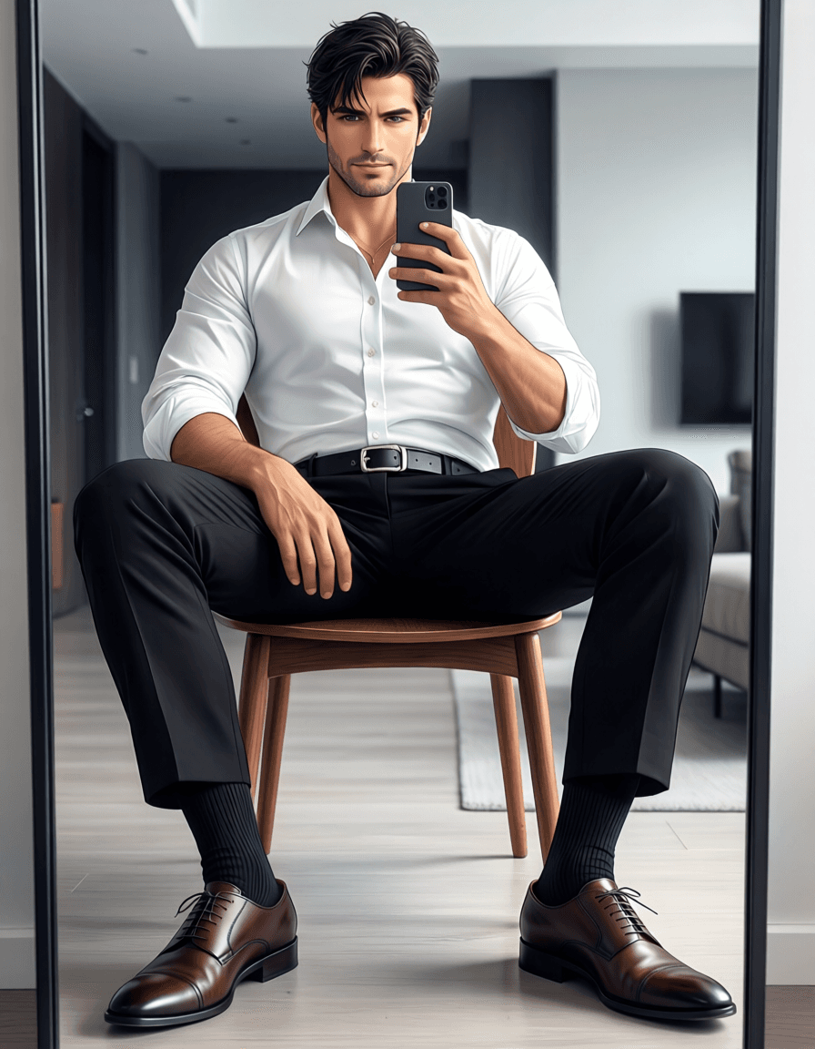 Full-body mirror selfie of an adult man with light-medium skin and short dark hair, seated on a