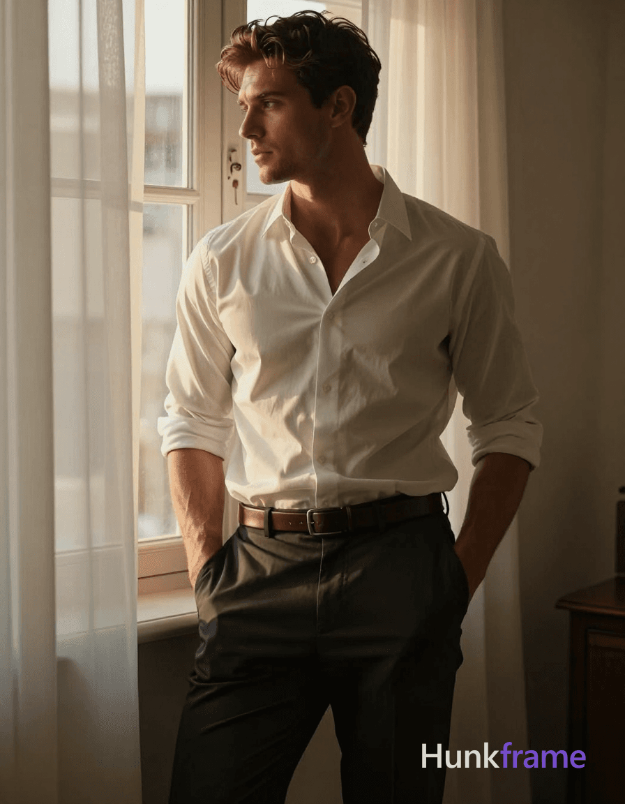 Photorealistic romantic fine art photograph of a handsome masculine man leaning against a window wit