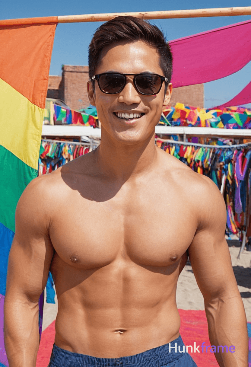 A handsome masculine man standing with head slightly tilted forward and smiling at the camera, shirt