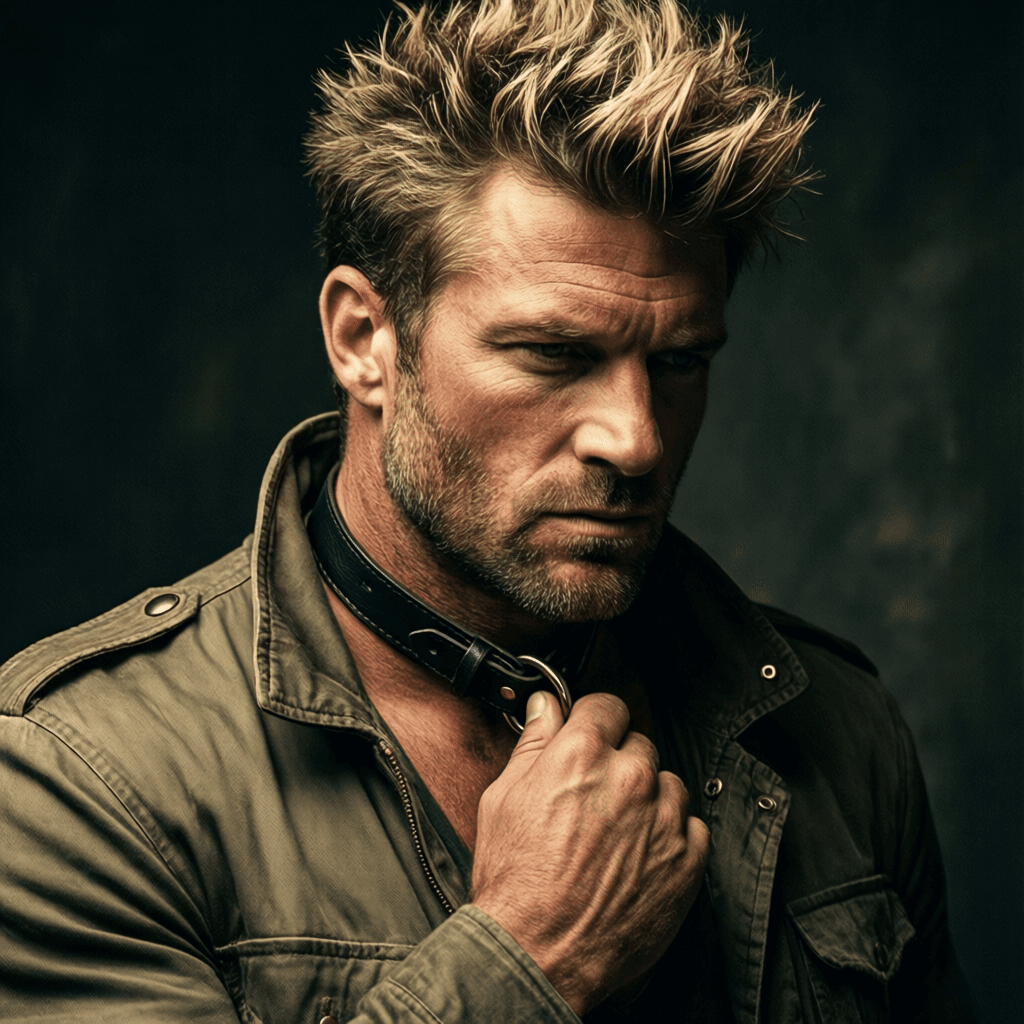 A muscular adult man with spiky blond-brown hair and short stubble poses in a close-up head-and-shoulders shot. He wears an olive-green jacket with shoulder epaulets, collar open to reveal his neck where a black leather choker strap rests. His right hand touches the strap while he gazes downward seriously. Dramatic directional lighting from upper left highlights painterly textures and soft shading against a dark indistinct background., a single uninterrupted photograph only, no written words or typography anywhere in frame, no captions, no app UI, no social-media post layout, no screenshot borders