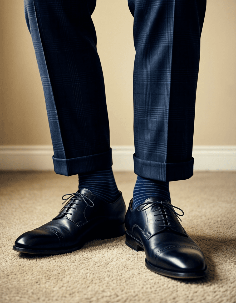 High-angle sensual close-up of a confident adult man's lower legs and feet standing on carpeted floor. He wears dark navy trousers with subtle check pattern, cuffed hems revealing dark blue striped socks, and black leather cap-toe brogue dress shoes. Sculpting light creates implied exposure teasing the form against beige background while maintaining tasteful framing. Centered vertical crop excludes head to focus on masculine allure., a single uninterrupted photograph only, no written words or typography anywhere in frame, no captions, no app UI, no social-media post layout, no screenshot borders