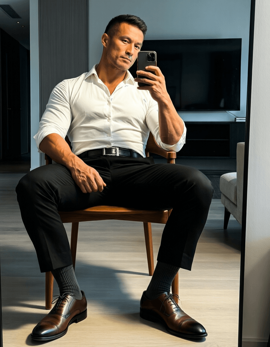 Full-body mirror selfie of an adult man with light-medium skin and short dark hair, seated on a