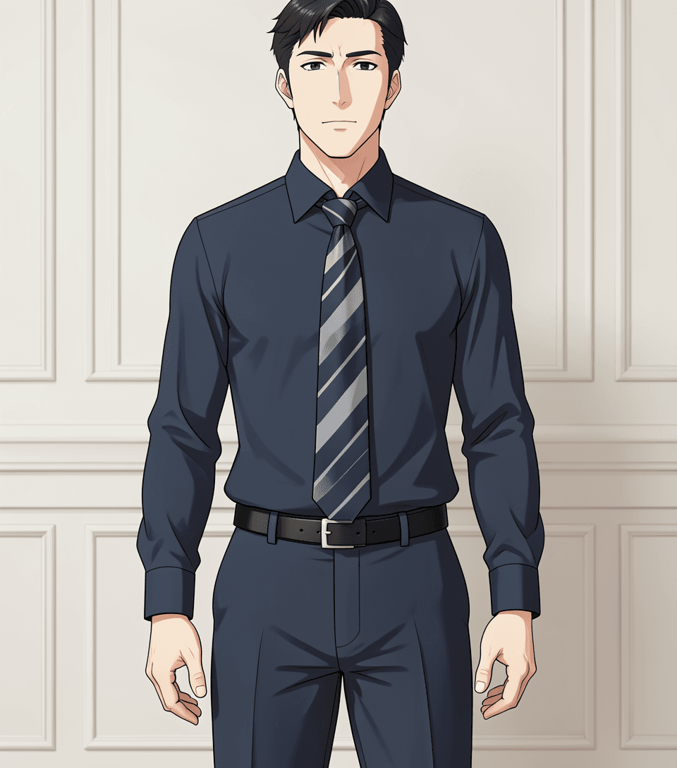 Vertical anime portrait of an adult man standing facing forward with hands relaxed at sides, wea