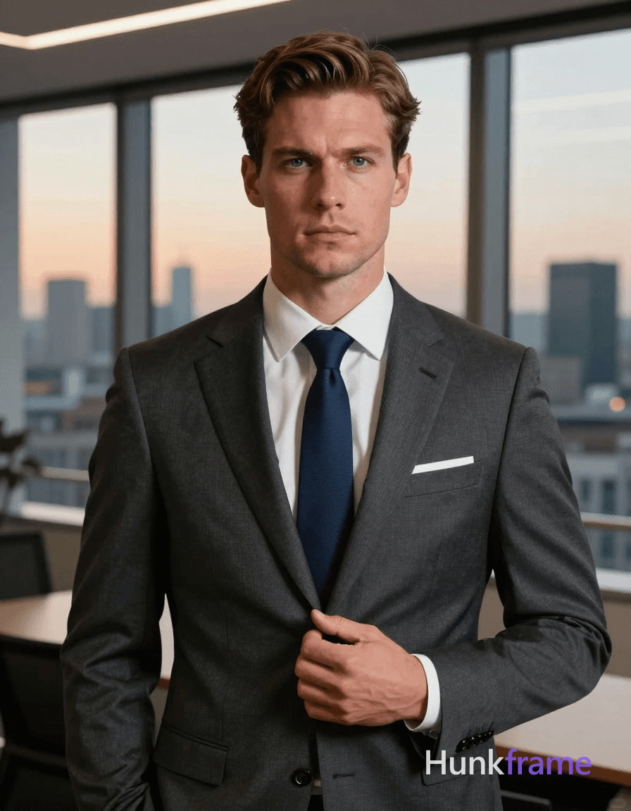 A handsome Caucasian man in his thirties stands front-facing with a serious direct gaze, right h