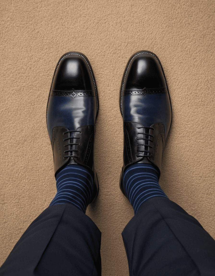 High-angle athletic photography close-up of a muscular adult man's lower legs and feet planted firmly on carpeted floor. He wears dark navy trousers with subtle check pattern, cuffed hems revealing dark blue striped socks, and black leather cap-toe brogue dress shoes. Dramatic directional light highlights defined calf muscles and shoe contours against the beige background. Centered vertical crop excludes head to focus entirely on strength training anatomy and high-detail footwear