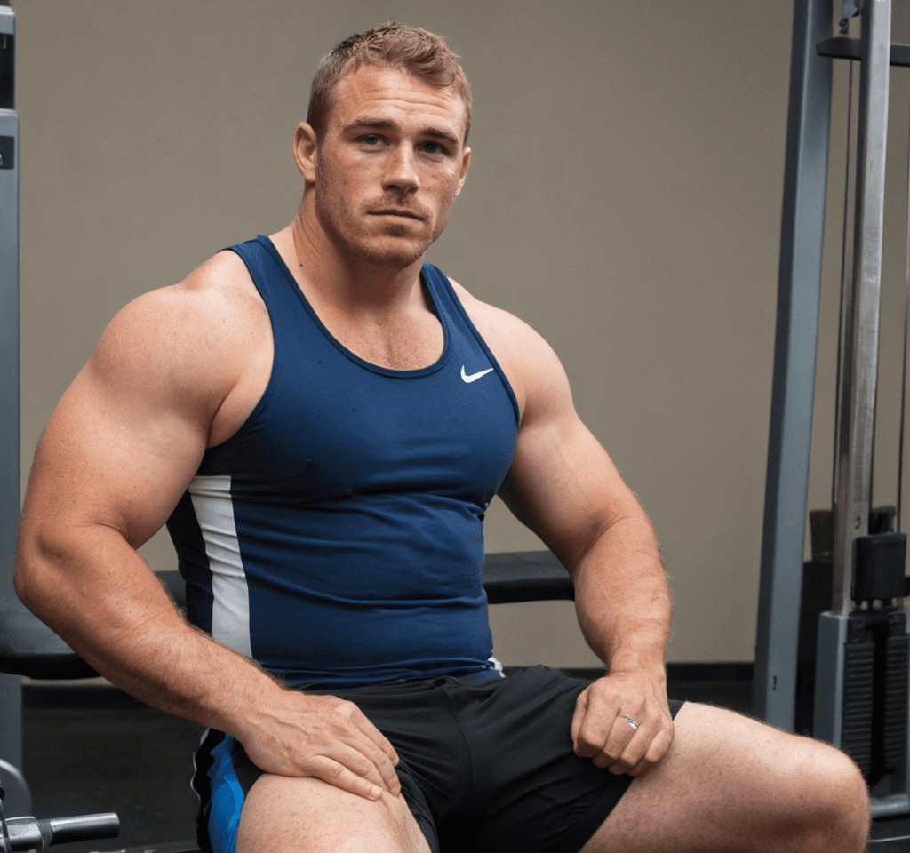 A handsome masculine man seated on gym equipment, mid-torso to upper thighs centered. He wears a